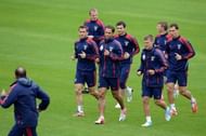 Russia's national football team players take part in a training session at the Victoria stadium in Sulejowek